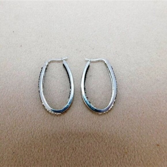 131/127   Midas 925 Malaysia Hoop Earrings Black / Clear Stones 1 1/2in - Picture 1 of 5
